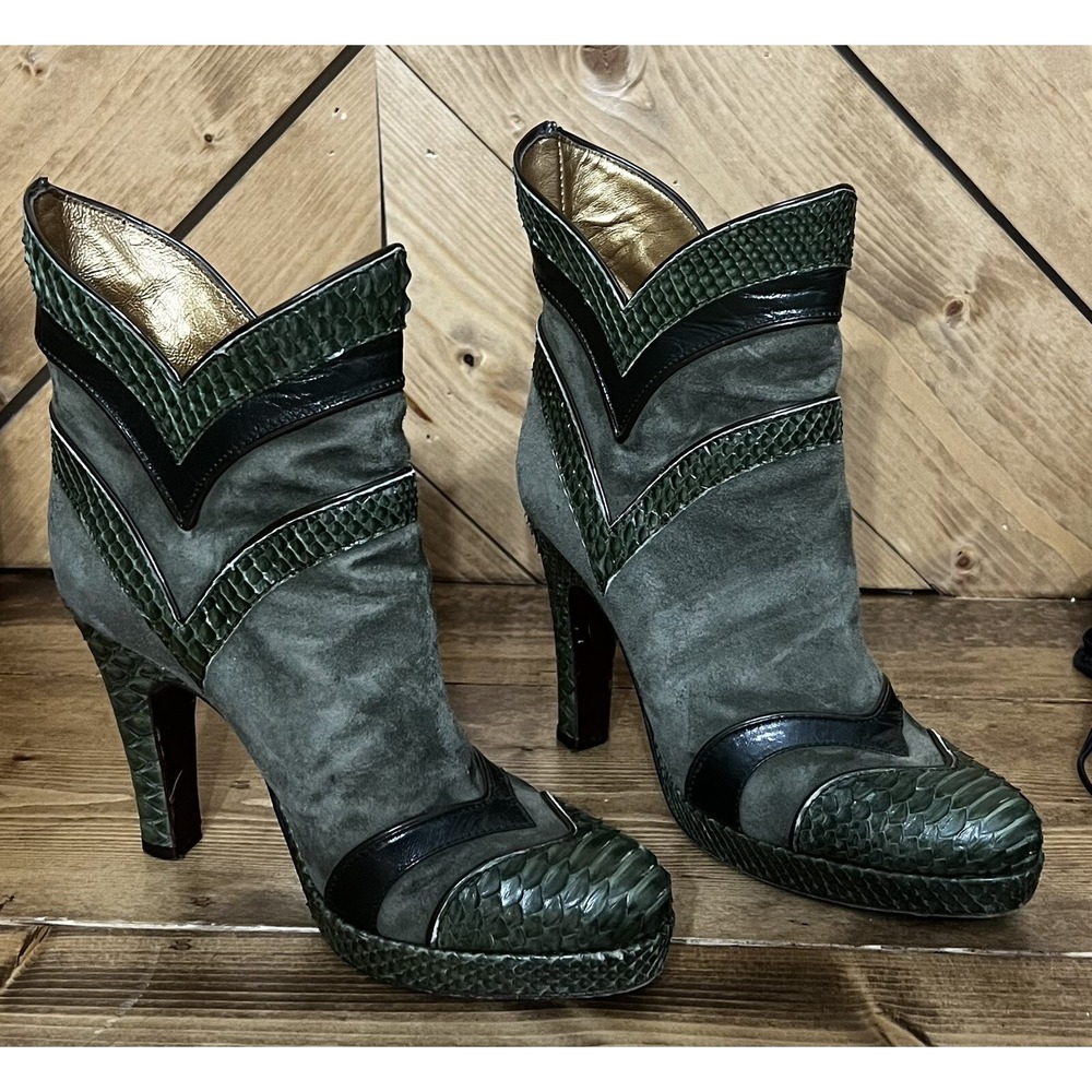 Pane Tulipani Women's Green Leather and Suede Heeled Booties Size 37 US 6.5-7